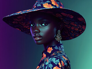 Elegant woman in wide-brimmed hat with dramatic lighting