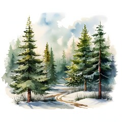 Obraz premium Winter wonderland landscape of pine trees in snow covered forest in watercolor style