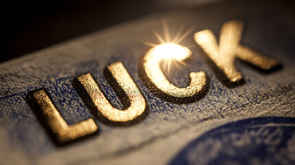 A close-up of the word "Luck" in raised, golden letters, with a burst of light highlighting the "C". The embossed pattern below adds a touch of texture to the image.