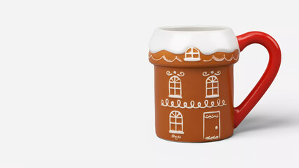 Earthenware Christmas gingerbread house mug on copy-space background.