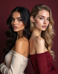 Obraz premium Studio photo of two beautiful women posing together. Brunette and blonde models lean back to back on a purple backdrop. They wear off shoulder dresses.