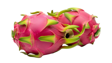 Two vibrant pink dragon fruits with magenta skin and green scales are positioned diagonally, showcasing their unique texture and color