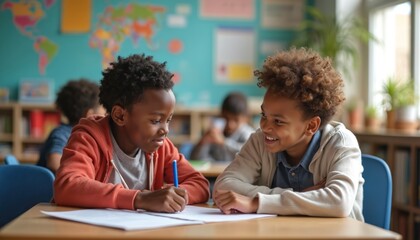 Two school children work together at desk. Students are diverse and happy to learn. Inclusive education promotes equality. Boys collaborate on lesson. Classroom setup is bright, decorated with map.