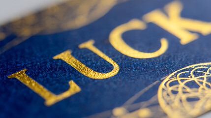 Close-up on the word "Luck" in shimmering gold against a dark blue background, suggesting fortune. The texture adds richness, and a partial decorative design hints at aspiration.