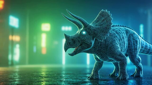 Triceratops hologram with glowing eye walking in a cyber city with neon light. Digital dinosaur from past in future world footage.