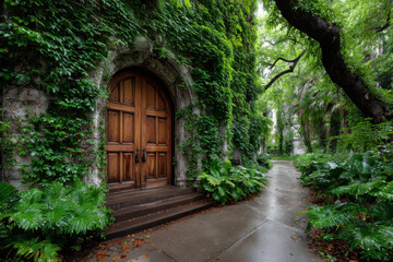 Fototapeta premium Ivy Covered Stone Wall with Wooden Door and Lush Greenery