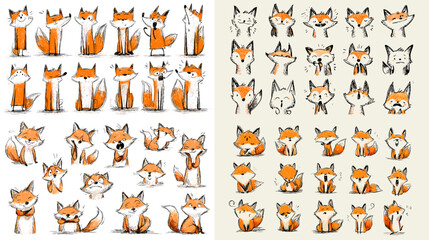 Fototapeta premium A playful illustration set featuring adorable fox characters in various poses and expressions, ideal for children designs, stickers, prints, and creative character projects.