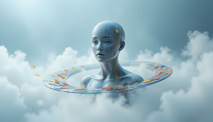 Ethereal android emerging from soft clouds with glowing circuits representing digital consciousness and future finance