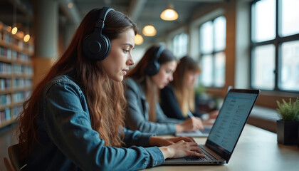 Girl with headphones uses laptop in library. Students study together with notebook. Woman does research. Young people are using digital devices for remote education and learning new skills.