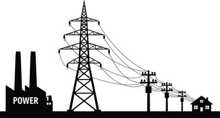 Electric power transmission silhouette energy grid industry factory utility electricity distribution infrastructure illustration isolated
