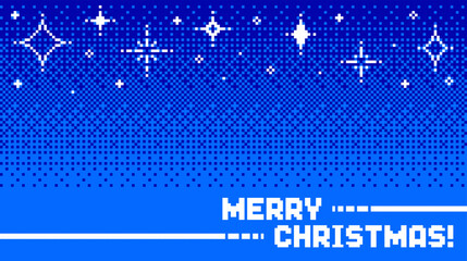 Obraz na płótnie Canvas Merry Christmas pixel art pattern with pixelated stars on blue background. Retro 8-bit video game style digital greeting card.