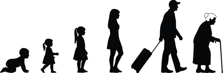 Human life cycle silhouette stages baby child adult traveler senior aging illustration isolated
