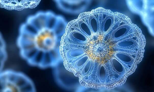 Diatoms microscopic algae plankton aquatic organisms with ornate circular forms