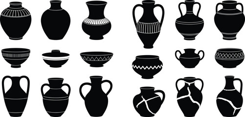 Ancient Pottery Silhouettes Featuring Amphorae, Bowls, and Jars with Decorative Patterns and Reconstructed Vessel Design
