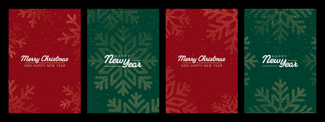 Christmas and New Year greeting card collection with golden glitter snowflake design. Holiday season invitation or social media story template.