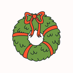Christmas wreath with a red bow and ribbon in a simple retro cartoon style on a light background. Christmas wreath vector illustration for stickers, cards and festive prints
