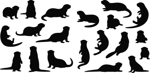 Collection of playful otter silhouettes in various poses for wildlife design, nature illustrations, animal art references, and creative stock projects