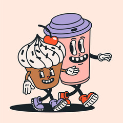 Retro coffee cup and cupcake character duo in cheerful groovy cartoon style. Playful dessert and drink illustration with bright colors and friendly expressive faces. Perfect for stickers, menus.