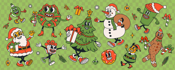 Obraz na płótnie Canvas Christmas character set with groovy cartoon characters and festive icons on a green checkered background. Christmas character vector illustration. Great for stickers, posters, cards, wrapping and