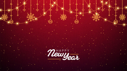 Happy New Year festive background with glowing lights, snowflakes, and ornaments. Winter holiday celebration for greeting card design.
