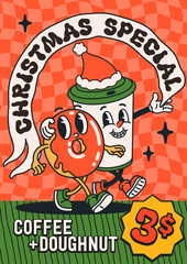 Retro Christmas special poster with groovy coffee cup and doughnut character in festive cartoon style. Christmas coffee offer great for menus, stickers, and holiday promotions.