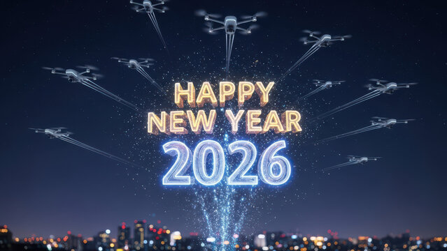 Happy new year 2026 drones light show above illuminated city