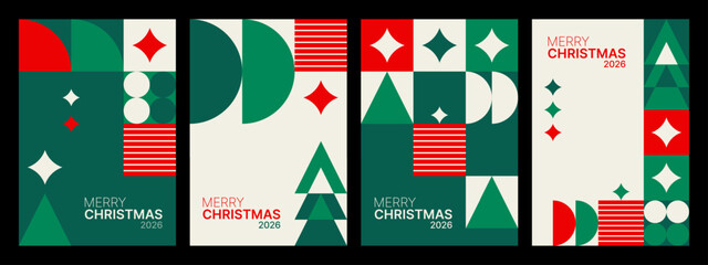 Fototapeta na wymiar Set of Merry Christmas abstract geometric vector poster. Festive holiday season design with minimalist shapes for greeting card or banner.