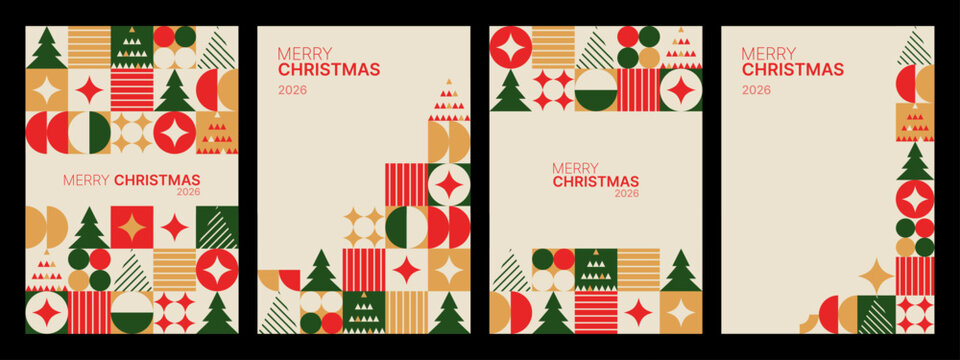 Fototapeta Set of festive geometric Christmas pattern greeting card for Merry Christmas holiday in modern abstract vector design for celebration.