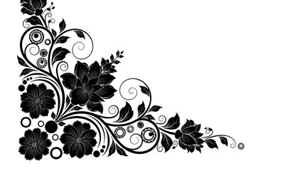 Elegant black and white floral corner design with intricate swirls and blossoms, a decorative graphic element.