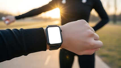 Close-up of a smartwatch on a persons wrist during an outdoor workout at sunset.