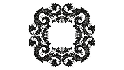 A black ornate baroque scrollwork frame with intricate floral elements and swirling acanthus leaves on a white background.