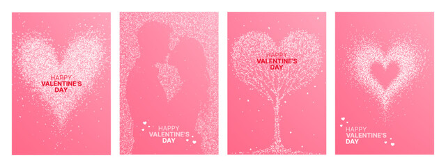 Happy Valentines Day greeting card set with abstract heart shapes, a couple silhouette, and a heart-shaped tree on pink for romance