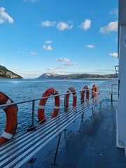 SANTANDER, SPAIN  touristic ferry in the Santander bay with the Mouro island in the background, North of Spain.
