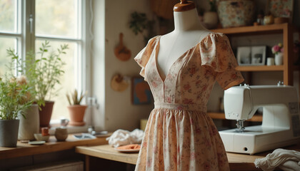 Dressmaking studio workspace. Floral dress on mannequin near sewing machine. Creative workshop interior with decor tools, equipment. Dressmaking, tailoring hobby. Sewing at home. Small local