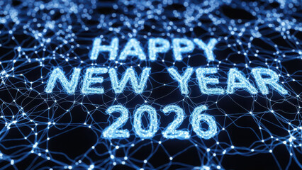 Happy new year 2026 glowing text on abstract blue digital network
