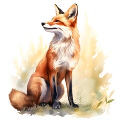 Obraz premium Watercolor illustration of a fox sitting in a grassy field looking into the distance