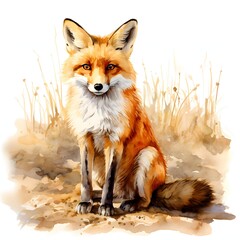 Obraz premium Watercolor painting of a fox sitting in a field of tall grass