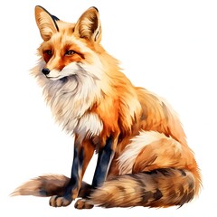 Obraz premium Watercolor illustration of a red fox sitting with its tail curled around its feet on a white background