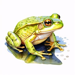 Obraz premium Watercolor painting of a green tree frog sitting in a puddle of water
