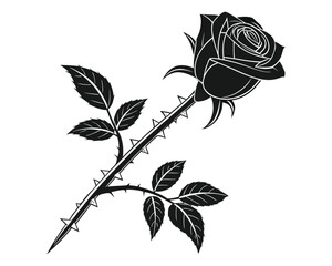 A striking black and white illustration of a single rose in bloom, its stem adorned with sharp thorns and detailed leaves