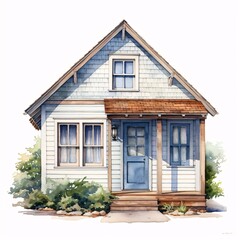 Charming watercolor house with blue door and shingled siding in a peaceful setting