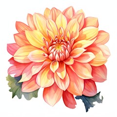 Fototapeta premium Watercolor illustration of a single dahlia flower with green leaves on a white backdrop