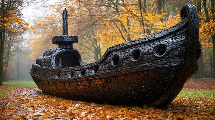 Dark wooden ship sculpture in autumn park