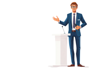 Cartoon man in suit giving a speech at a podium with a microphone in front of a black background