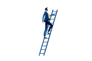 A man in a suit climbing a blue ladder against a black background in a vector style illustration