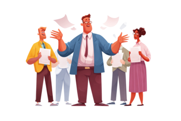 Cartoon illustration of a man gesturing with a group holding papers on a black background