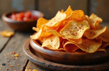 Golden crispy nachos are on wooden plate. Traditional mexican chips pile with spices, served with sauce. Appetizing food close up shot. Delicious meal on table. Rustic design in snack presentation.