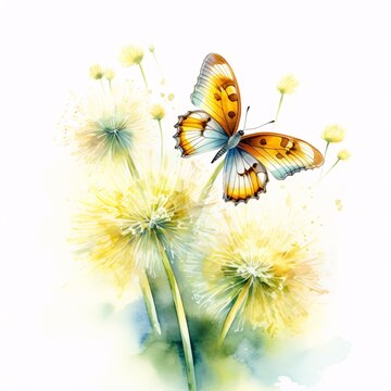 Fototapeta Watercolor butterfly rests upon airy dandelion seed heads in spring