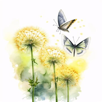 Fototapeta Watercolor painting of dandelions and butterflies in a bright and airy style