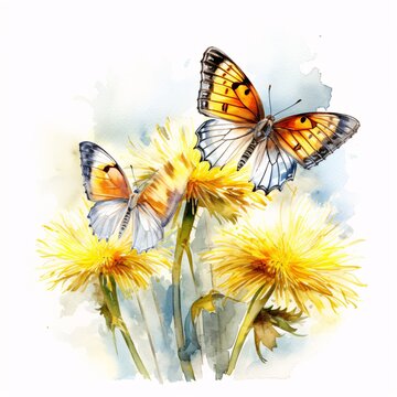 Fototapeta Two painted lady butterflies perched atop bright yellow dandelions
